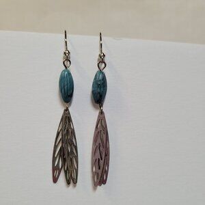 Turquoise Bead with Multiple Silver-tone Leaf Drop Earrings